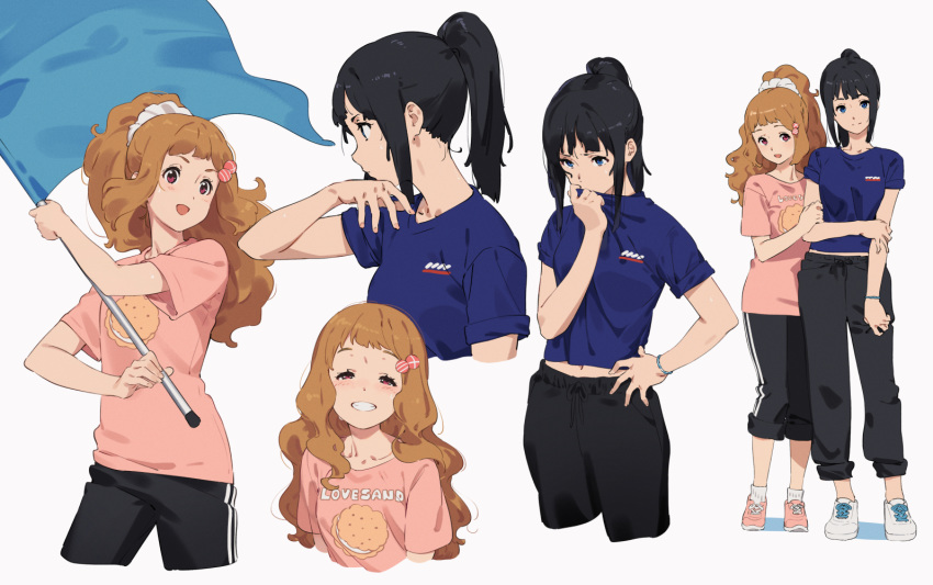 2girls arm_up bangs black_hair black_pants blue_eyes blue_flag blue_shirt blush bow breasts brown_eyes brown_hair character_request closed_mouth collarbone commentary_request cookie curly_hair english_text facing_viewer flag food from_side full_body hair_ornament hair_ribbon hibike!_euphonium holding holding_another's_arm holding_flag holding_own_arm kamo_kamen long_hair looking_at_viewer looking_to_the_side multiple_girls navel open_mouth pants pink_footwear pink_shirt ponytail print_shirt ribbon shirt shoelaces shoes sidelocks simple_background smelling smile sneakers standing stomach sweat t-shirt teeth upper_body waving waving_flag white_background white_footwear white_legwear white_ribbon