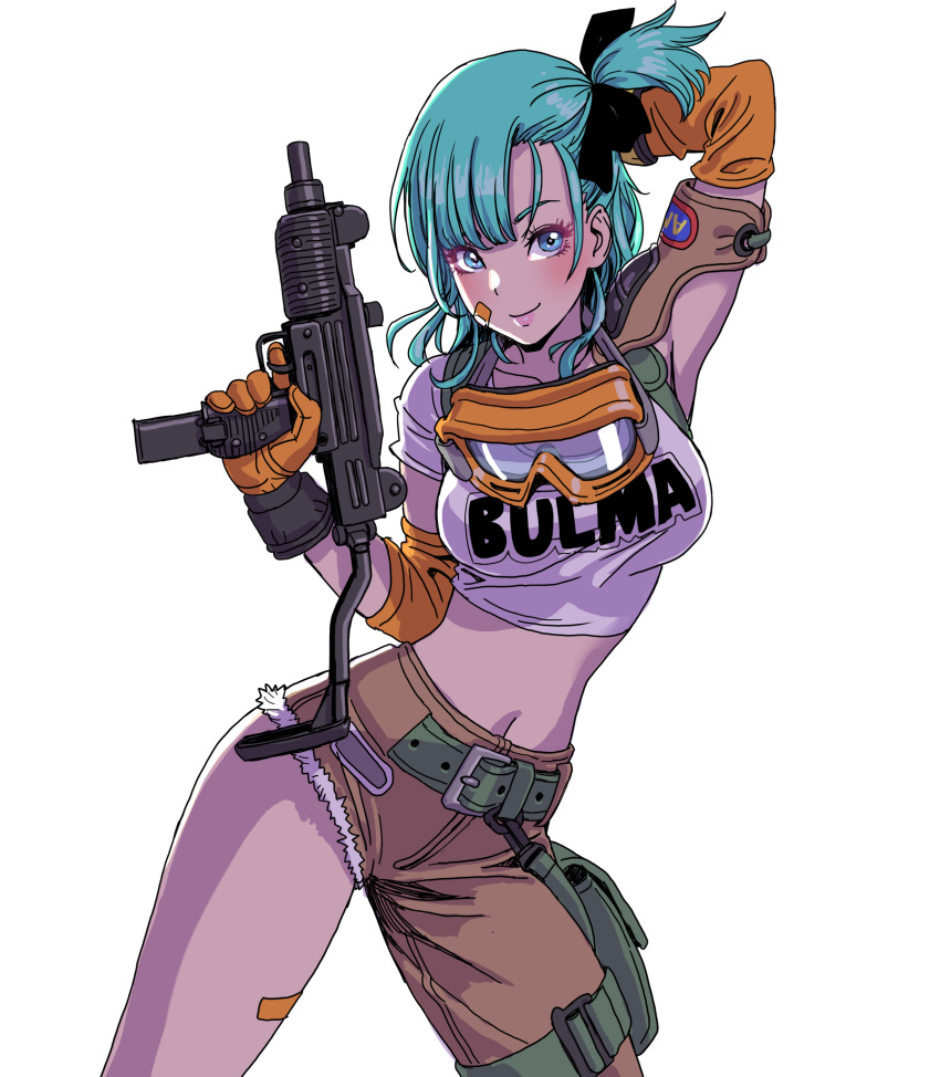 1girl absurdres aqua_hair bandaid bandaid_on_face bangs belt black_bow blue_eyes bow breasts bulma character_name closed_mouth commentary_request dragon_ball gloves goggles goggles_around_neck hair_bow highres holding holding_weapon lips looking_at_viewer medium_breasts midriff navel pants side_ponytail simple_background smile stomach tied_hair weapon white_background yamashita_shun'ya