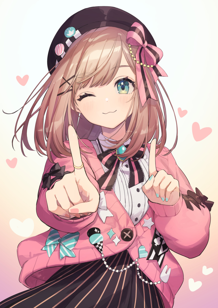 1girl bangs blue_eyes blue_nails blush brown_hair closed_mouth commentary_request gradient gradient_background hair_ornament heart highres index_finger_raised jewelry koi_dance long_sleeves looking_at_viewer medium_hair nail_polish nijisanji one_eye_closed pink_cardigan pink_nails ring shirt solo suzuhara_lulu virtual_youtuber white_shirt x_hair_ornament zumi_tiri