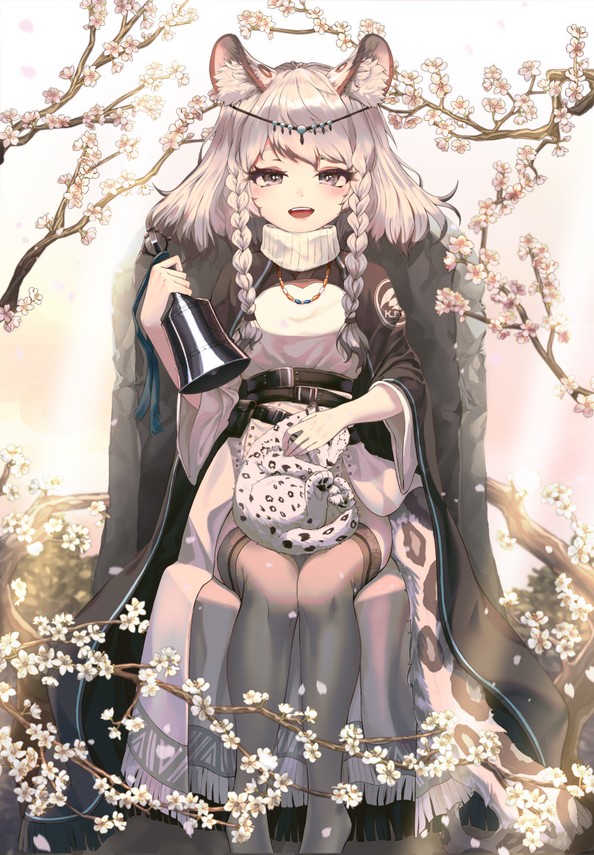 1girl :d absurdres animal_ear_fluff animal_ears arknights bangs belt belt_buckle blush braid brown_eyes brown_legwear buckle cherry_blossoms circlet dress feet_out_of_frame highres holding_bell ita_(itta) jewelry leopard_ears leopard_girl leopard_tail long_hair long_sleeves looking_at_viewer necklace open_mouth petting pramanix_(arknights) rock simple_background sitting smile snow_leopard solo tail thigh-highs turtleneck twin_braids upper_teeth white_background white_dress wide_sleeves