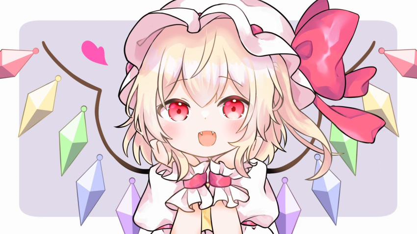 1girl :d blonde_hair blush crystal fang flandre_scarlet hands_on_own_cheeks hands_on_own_face hat highres looking_at_viewer mob_cap one_side_up pafe_haumen short_hair simple_background smile solo touhou upper_body wings wrist_cuffs