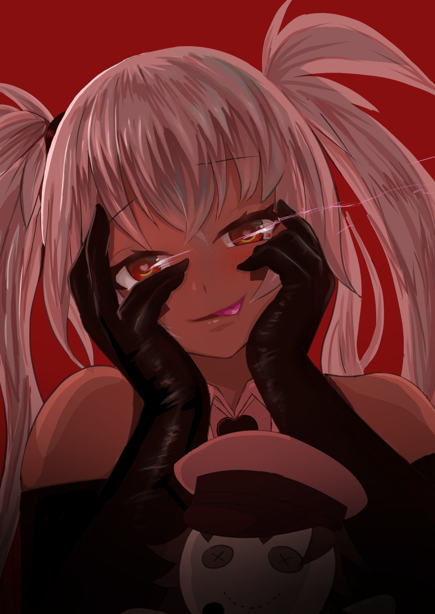 1girl :p absurdres alabama_(azur_lane) azur_lane bangs bare_shoulders bigboss021 black_gloves blush dark_skin doll gloves glowing glowing_eyes hands_on_own_cheeks hands_on_own_face highres long_hair looking_at_viewer open_mouth red_background red_eyes silver_hair simple_background solo tongue tongue_out twintails upper_body