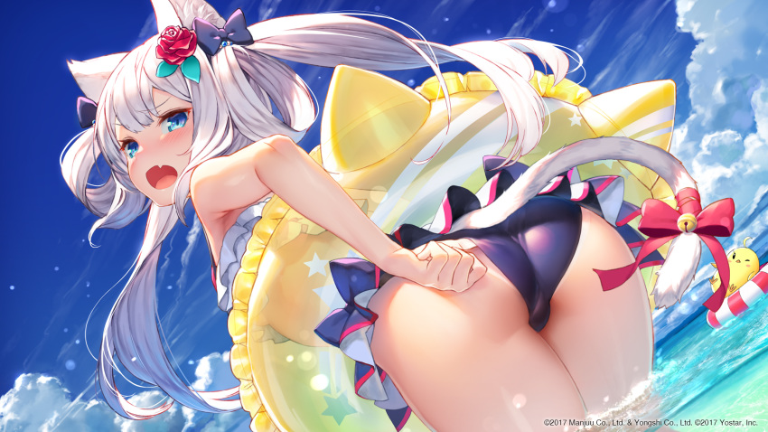 1girl adjusting_clothes adjusting_swimsuit animal_ear_fluff animal_ears ass azur_lane bangs bell bikini bikini_skirt bird blue_eyes blue_sky blush bow cat_ears cat_tail chick clouds commentary_request day dutch_angle eyebrows_visible_through_hair fang flower frilled_bikini frills from_behind hair_bow hair_flower hair_ornament hair_rings hammann_(azur_lane) highres horizon innertube innertube_with_ears izumi_sai jingle_bell leaning_forward lifebuoy long_hair looking_at_viewer looking_back manjuu_(azur_lane) ocean official_art open_mouth outdoors ribbon skin_fang sky solo standing star star_print swimsuit tail tail_bell tail_ribbon tan tanline twintails wading water white_hair
