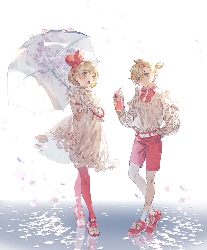 1boy 1girl bangs belt bendy_straw blonde_hair blush bow bow_footwear bowtie cherry_blossoms commentary crossed_legs cup disposable_cup dress drinking_straw fajyobore323 flower_trim full_body gloves green_eyes hair_behind_ear hairband head_tilt highres holding holding_cup holding_umbrella kagamine_len kagamine_rin long_sleeves looking_at_another matching_outfit open_mouth pantyhose parted_lips petals ponytail puffy_long_sleeves puffy_short_sleeves puffy_sleeves red_bow red_footwear red_legwear red_neckwear red_shorts reflective_floor sakura_len sakura_rin shirt shoes short_hair short_sleeves shorts sneakers socks standing sundress swept_bangs umbrella vocaloid watson_cross white_background white_bow white_dress white_footwear white_gloves white_legwear white_neckwear white_shirt
