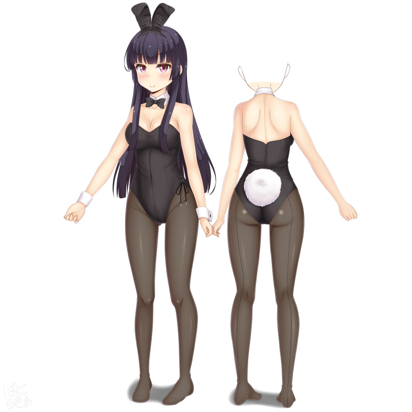 1girl absurdres animal_ears ass ass_visible_through_thighs black_hair black_legwear black_leotard black_neckwear bow bowtie brown_eyes bunny_girl bunny_tail bunnysuit character_chart commentary_request detached_collar full_body highres leotard long_hair looking_at_viewer multiple_views original pantyhose rabbit_ears sainohikari simple_background standing strapless strapless_leotard tail white_background wrist_cuffs