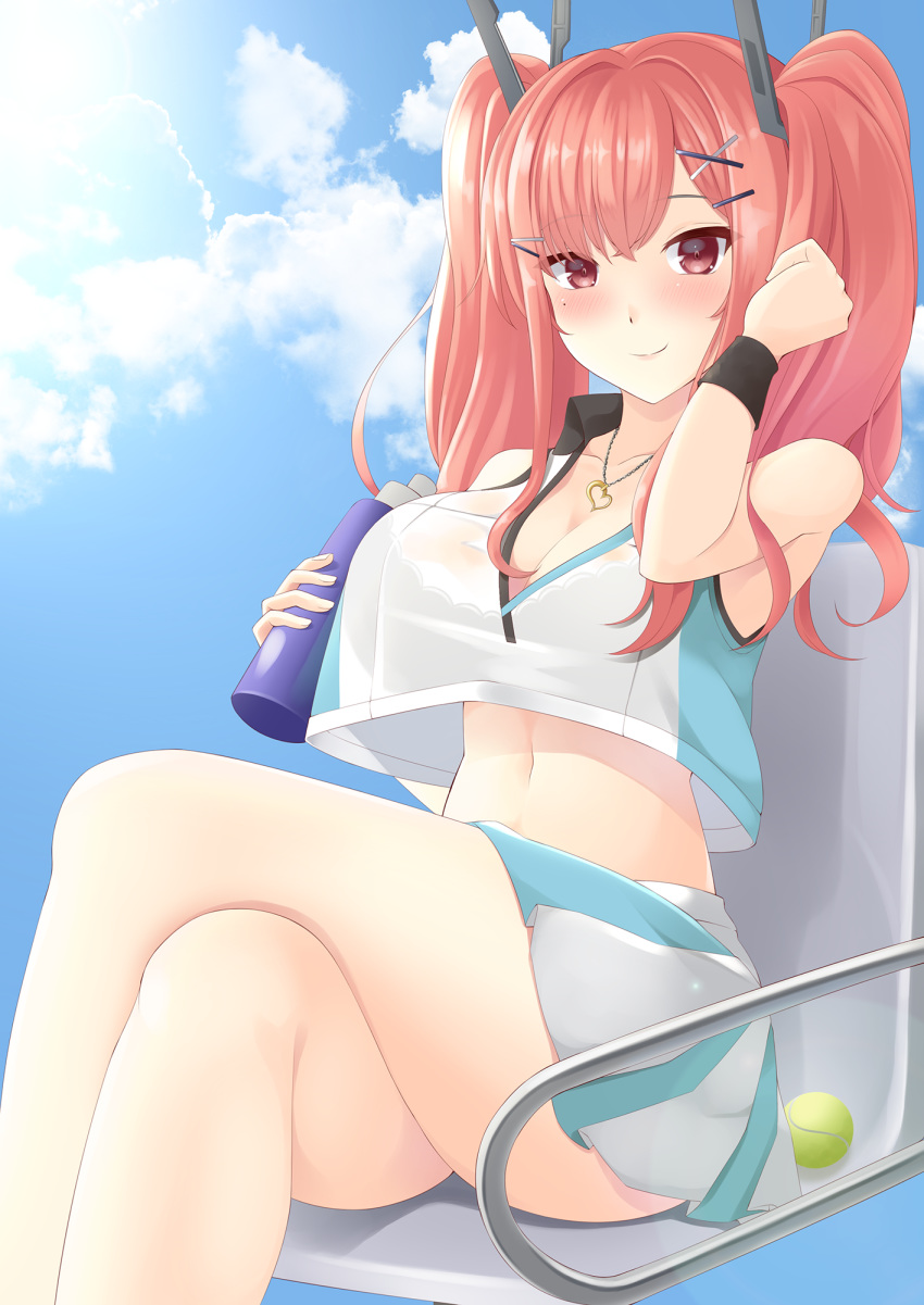 1girl azur_lane ball bangs bare_legs bare_shoulders black_bra blue_sky blush bottle bra breasts bremerton_(azur_lane) bremerton_(scorching-hot_training)_(azur_lane) chair clouds collarbone collared_shirt commentary_request cowboy_shot crop_top crop_top_overhang crossed_legs day eyebrows_visible_through_hair green_skirt hair_between_eyes hair_intakes hair_ornament hairclip hand_up heart heart_necklace highres holding holding_bottle large_breasts long_hair looking_at_viewer midriff mole mole_under_eye navel pink_eyes pink_hair see-through shaketarako shirt sidelocks sitting skirt sky sleeveless sleeveless_shirt smile solo sportswear sunlight tennis_ball tennis_uniform twintails two-tone_shirt two-tone_skirt underwear water_bottle white_shirt white_skirt wristband x_hair_ornament