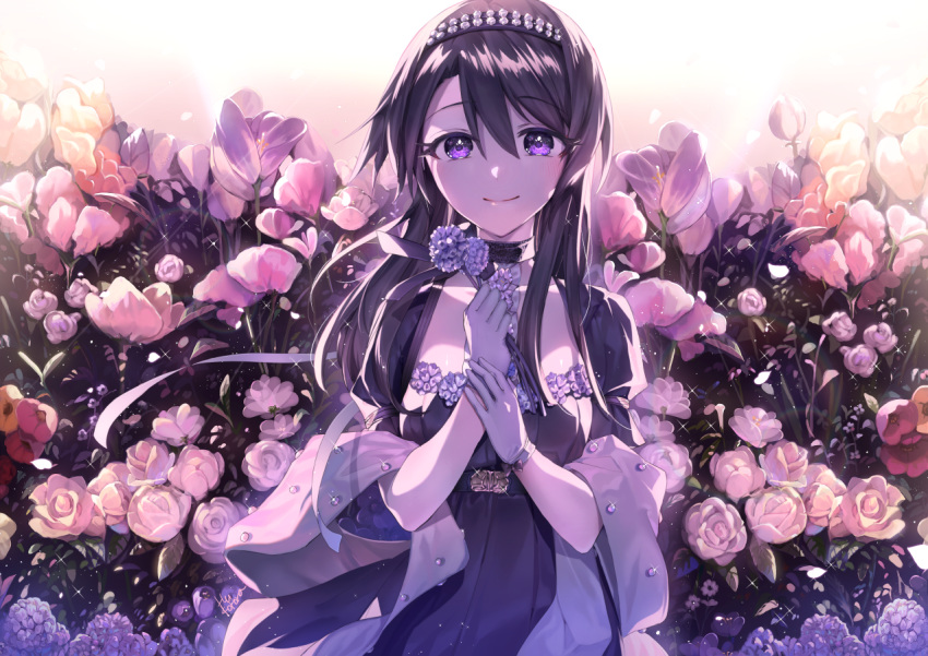 1girl backlighting bangs black_choker black_dress black_hair black_hairband blush choker closed_mouth collarbone commentary_request crystal dress eyebrows_visible_through_hair flower flower_request fuu_kotora glint gloves hair_between_eyes hairband holding holding_flower long_hair looking_at_viewer mixed-language_commentary original pink_flower pink_rose puffy_short_sleeves puffy_sleeves purple_flower rose shawl short_sleeves smile solo sparkle tulip upper_body violet_eyes white_gloves