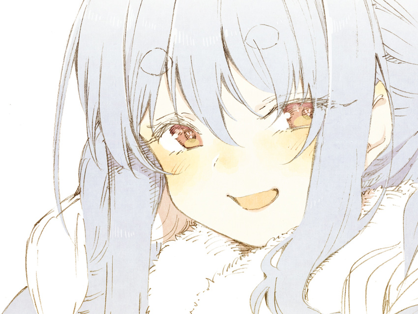 1girl abara_heiki blush close-up eyebrows_visible_through_hair face fur_scarf hair_between_eyes hololive light_blue_hair long_hair looking_at_viewer open_mouth red_eyes sidelocks simple_background smile solo thick_eyebrows traditional_media usada_pekora virtual_youtuber white_background