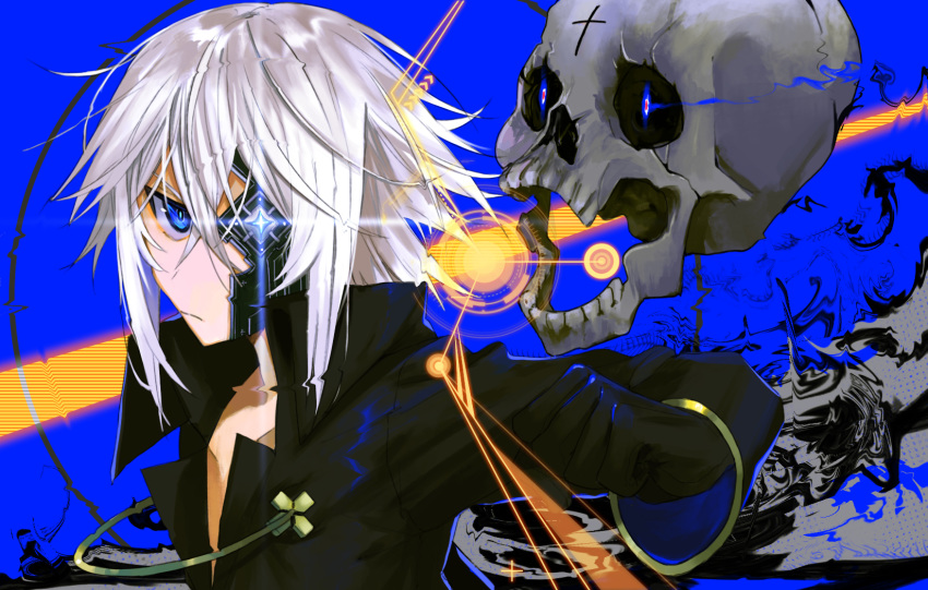 1boy aura bare_chest black_gloves blue_background blue_eyes closed_mouth crack crossed_arms eyepatch floating frown gloves hair_between_eyes highres lens_flare open_mouth original skull upper_body white_hair xuefei_(snowdrop)