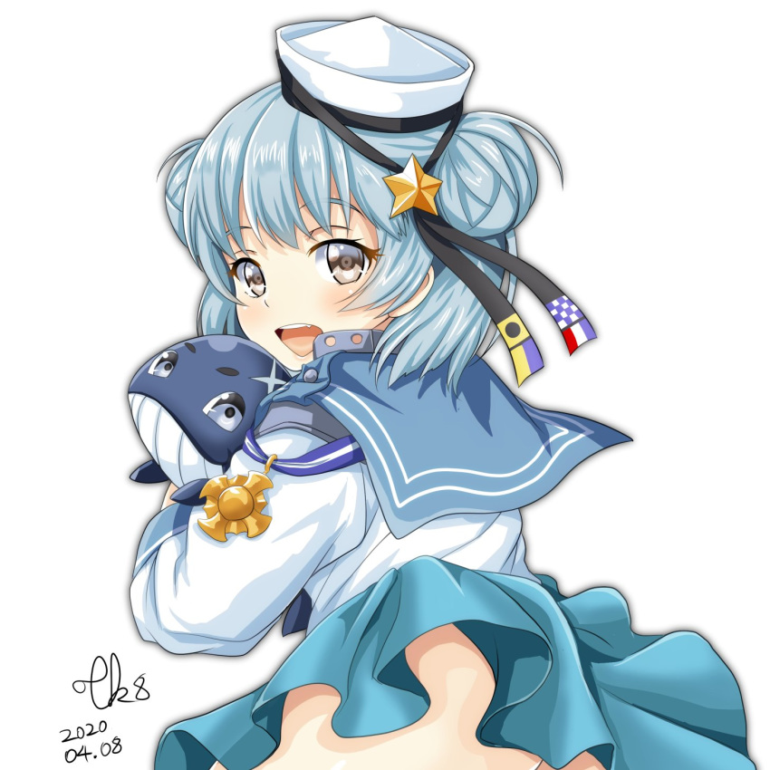 1girl aqua_skirt black_ribbon blue_hair blue_sailor_collar commentary_request cowboy_shot dated dixie_cup_hat double_bun from_behind hat hat_ribbon highres kantai_collection little_blue_whale_(kantai_collection) long_sleeves looking_at_viewer looking_back medal military_hat miniskirt navy_cross no_panties pleated_skirt ribbon sailor_collar samuel_b._roberts_(kantai_collection) school_uniform serafuku shirt short_hair signature skirt sleeve_cuffs solo tk8d32 upper_body whale white_headwear white_shirt yellow_eyes