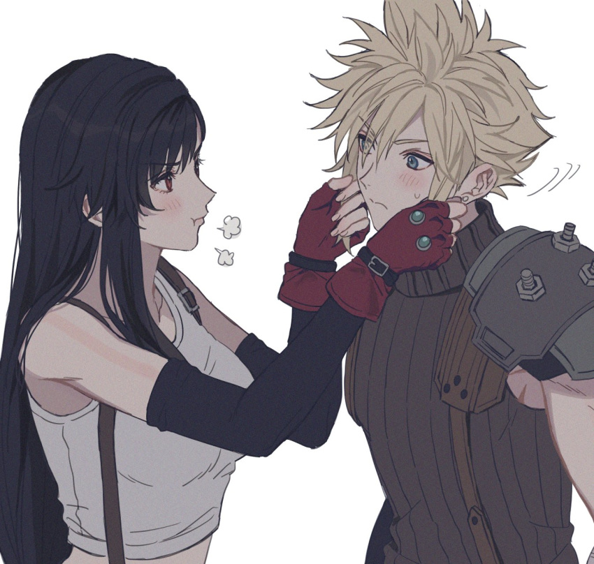 1boy 1girl arm_warmers black_hair blonde_hair blue_eyes blush breasts closed_mouth cloud_strife ear_piercing english_commentary eyebrows_visible_through_hair eyes_visible_through_hair final_fantasy final_fantasy_vii fingerless_gloves gloves hair_between_eyes hands_on_another's_face highres humiyooo large_breasts lips long_hair looking_at_another midriff motion_lines piercing pout profile red_eyes red_gloves ribbed_shirt shirt short_hair shoulder_armor simple_background sleeveless sleeveless_shirt spiky_hair straight_hair strap suspenders tank_top tifa_lockhart turtleneck upper_body white_background white_tank_top