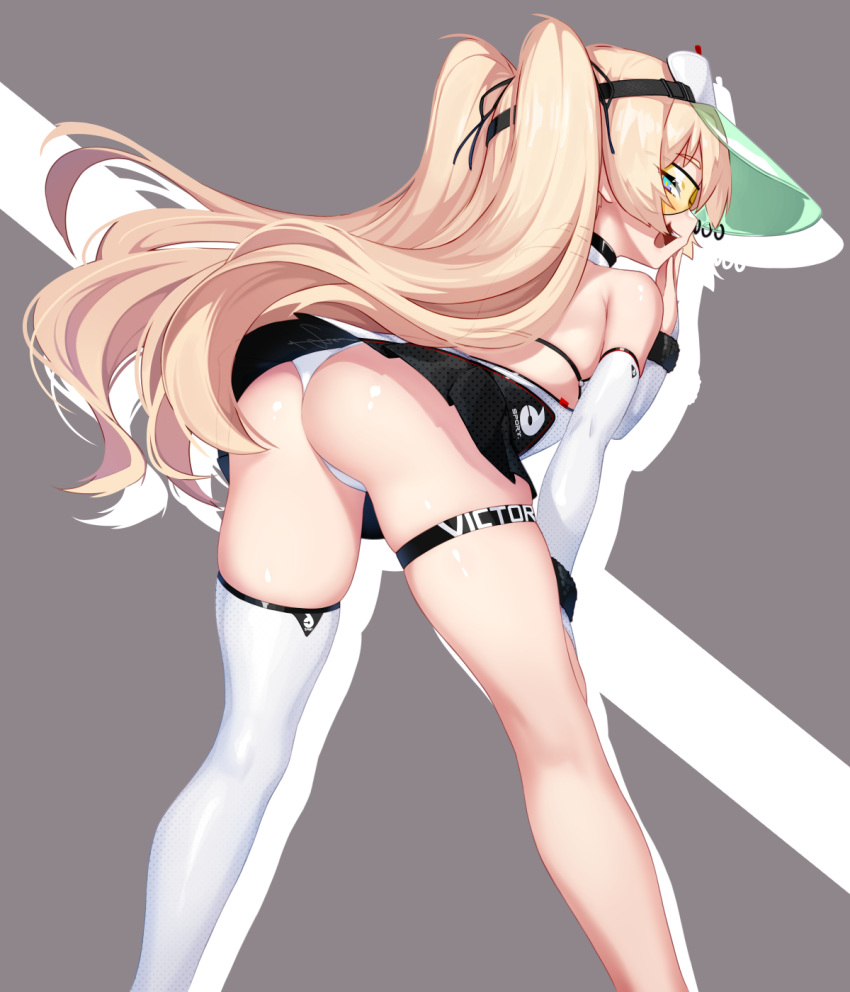 1girl :d ass azur_lane bache_(azur_lane) bache_(showy_sports_star)_(azur_lane) bare_shoulders blonde_hair blush commentary_request detached_sleeves dev highres leaning_forward long_hair looking_at_viewer looking_back open_mouth panties simple_background single_thighhigh skindentation smile solo sportswear standing tennis_dress tennis_uniform thigh-highs thigh_strap twintails underwear very_long_hair violet_eyes visor_cap white_legwear white_panties