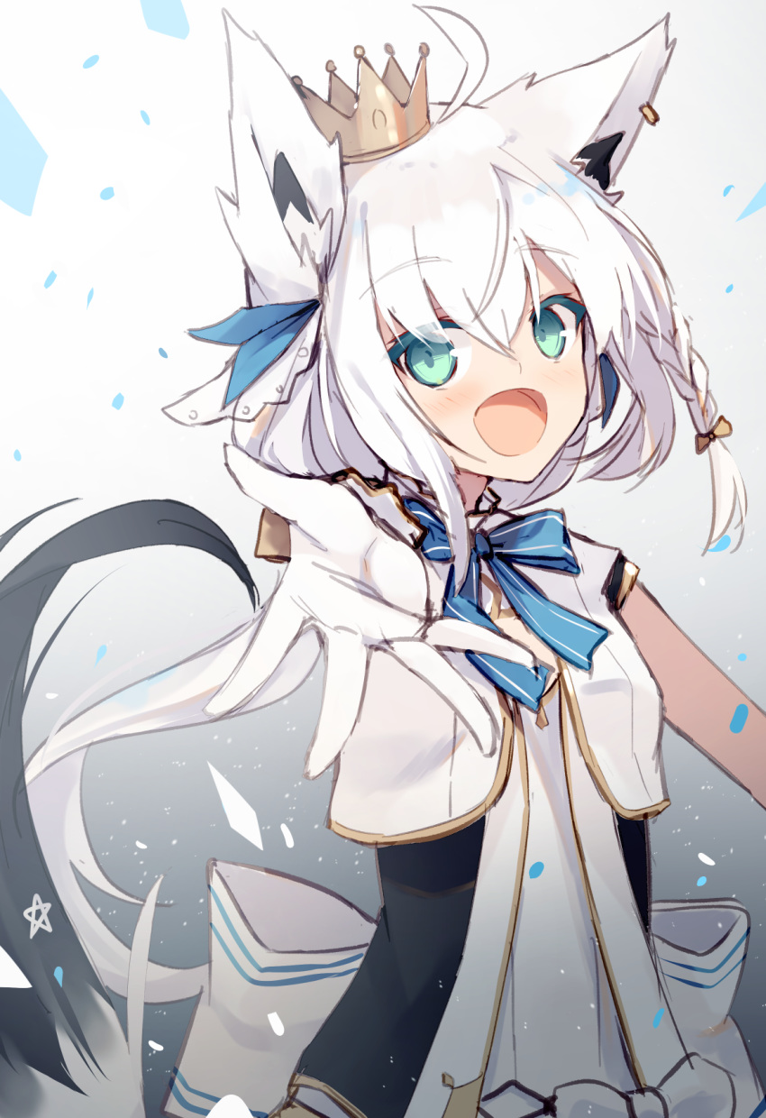 1girl :d ahoge animal_ear_fluff animal_ears bangs blue_bow blush bow braid crown dress eyebrows_visible_through_hair fox_ears fox_girl fox_tail gloves gradient gradient_background green_eyes grey_background hair_between_eyes highres hololive long_hair looking_at_viewer low_ponytail mini_crown nagishiro_mito open_mouth outstretched_arm ponytail shirakami_fubuki side_braid smile solo striped striped_bow tail tail_raised upper_body very_long_hair virtual_youtuber white_background white_dress white_gloves white_hair