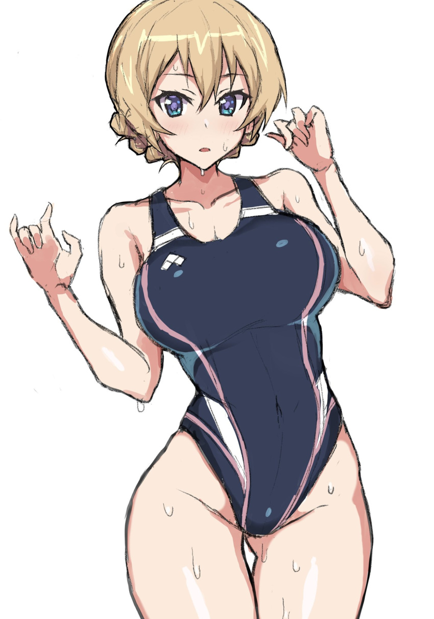 1girl blonde_hair blue_eyes blue_swimsuit braid breasts competition_swimsuit covered_navel darjeeling_(girls_und_panzer) girls_und_panzer highleg highleg_swimsuit highres large_breasts looking_at_viewer mordeth one-piece_swimsuit shiny shiny_hair shiny_skin short_hair simple_background solo standing swimsuit twin_braids wet white_background