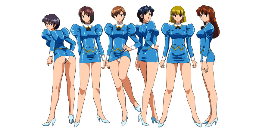 6+girls absurdres agent_aika aika_(series) ass bangs black_hair black_neckwear blonde_hair blue_delmo blue_delmo_b blue_delmo_s blue_delmo_t blue_delmo_u blue_delmo_v blue_delmo_w blue_hair blue_jacket blue_skirt breasts brown_eyes brown_hair closed_mouth covered_nipples cravat crotch_seam delmogeny_uniform full_body hand_on_hip high_heels highres jacket juliet_sleeves long_sleeves medium_breasts multiple_girls panties pantyshot pantyshot_(standing) pencil_skirt puffy_sleeves redhead short_hair skin_tight skirt solo standing taut_clothes transparent_background turnip007 underwear uniform white_panties