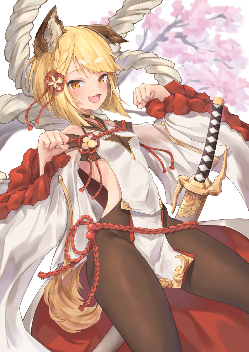 1girl absurdres animal_ears bangs bare_shoulders black_legwear blonde_hair blush braid breasts collarbone commentary_request detached_sleeves dog_ears granblue_fantasy hair_ornament highres japanese_clothes looking_at_viewer miso_(b7669726) open_mouth pantyhose rope short_hair small_breasts smile solo sword tail vajra_(granblue_fantasy) weapon