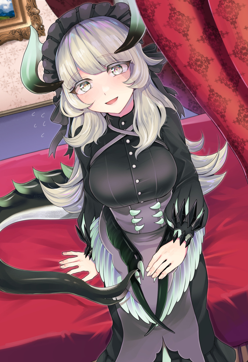 1girl :d absurdres arm_support bangs black_dress black_horns black_tail blush breasts buttons commentary_request corset cowboy_shot curtains dragon_girl dragon_horns dragon_tail dragon_wings dragonmaid_chame dress duel_monster dutch_angle eyebrows_visible_through_hair feathered_wings flying_sweatdrops four-poster_bed green_horns grey_eyes hand_on_lap highres horns indoors large_breasts long_dress long_hair long_sleeves looking_at_viewer maid maid_dress maid_headdress on_bed open_mouth painting_(object) popon_ta_(npopo) puffy_long_sleeves puffy_sleeves sidelocks silver_hair sitting sitting_on_bed smile solo tail wall wallpaper_(object) wings yuu-gi-ou