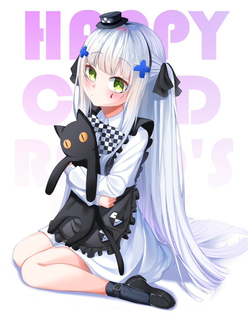 1girl :&lt; absurdres apron bangs black_apron black_footwear black_legwear black_ribbon blunt_bangs blush bow bowtie checkered checkered_neckwear closed_mouth collared_dress commentary cross_hair_ornament doll_hug dress eyebrows_visible_through_hair facial_mark frilled_apron frills full_body girls_frontline green_eyes hair_ornament hair_ribbon half_updo hareriya hat highres hk416_(girls_frontline) loafers long_hair long_sleeves looking_at_viewer mini_hat ribbon shadow shoes sidelocks silver_hair sitting socks solo striped striped_legwear stuffed_animal stuffed_cat stuffed_toy teardrop vertical-striped_legwear vertical_stripes very_long_hair wariza white_background white_dress younger