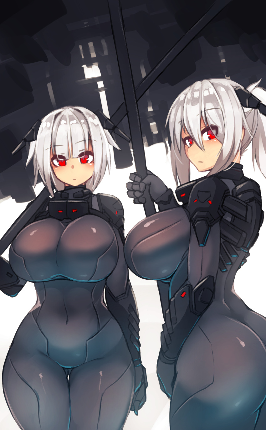 2girls absurdres ass ass_visible_through_thighs blush bodysuit breasts closed_mouth commentary covered_navel cowboy_shot eyebrows_visible_through_hair grey_bodysuit hair_between_eyes headgear highres holding huge_breasts looking_at_viewer multiple_girls original red_eyes short_hair skin_tight standing sub-res thigh_gap white_background white_hair