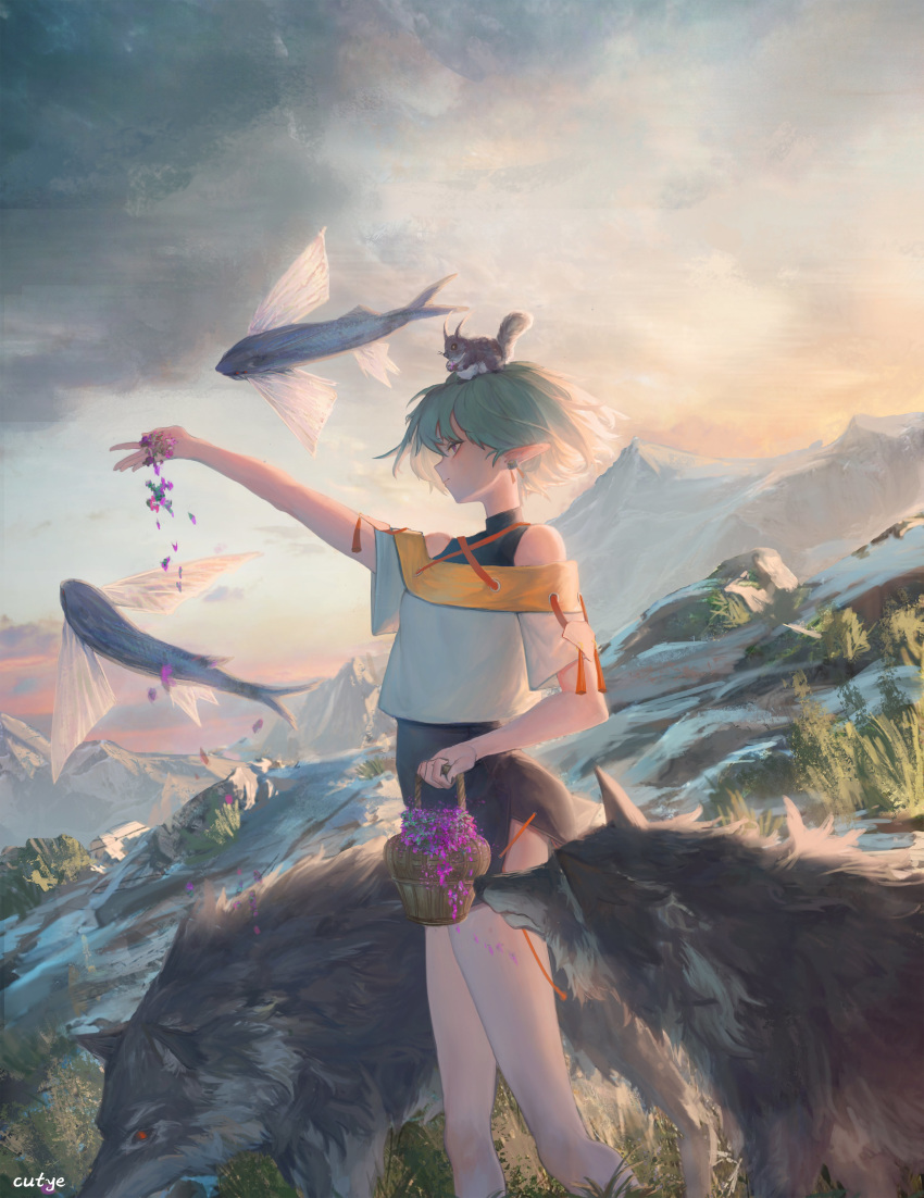 1girl absurdres animal animal_on_head arm_up artist_name bangs basket closed_mouth clouds cloudy_sky cutye day fantasy feeding fish from_side green_hair grey_sky hair_between_eyes highres holding holding_basket looking_to_the_side mountain mountainous_horizon on_head original pet pink_eyes pointy_ears rock shirt short_hair short_sleeves skirt sky solo squirrel stretched_limb wolf