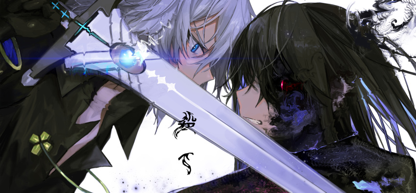 1boy 1girl aura battle black_hair black_sclera blue_eyes cross highres holding holding_sword holding_weapon looking_at_another original parted_lips red_eyes simple_background sword teeth upper_body veins weapon white_background white_hair xuefei_(snowdrop)