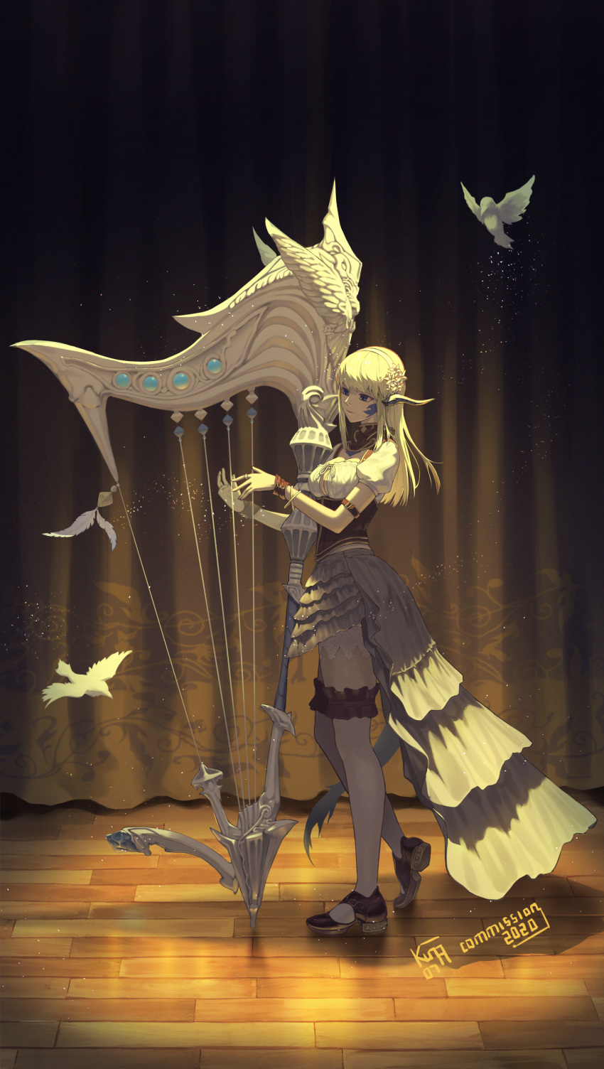 absurdres accessories bird blue_eyes character_request commission curtains dove final_fantasy final_fantasy_xiv full_body harp high_heels highres instrument koharu1807 white_hair wings wooden_floor