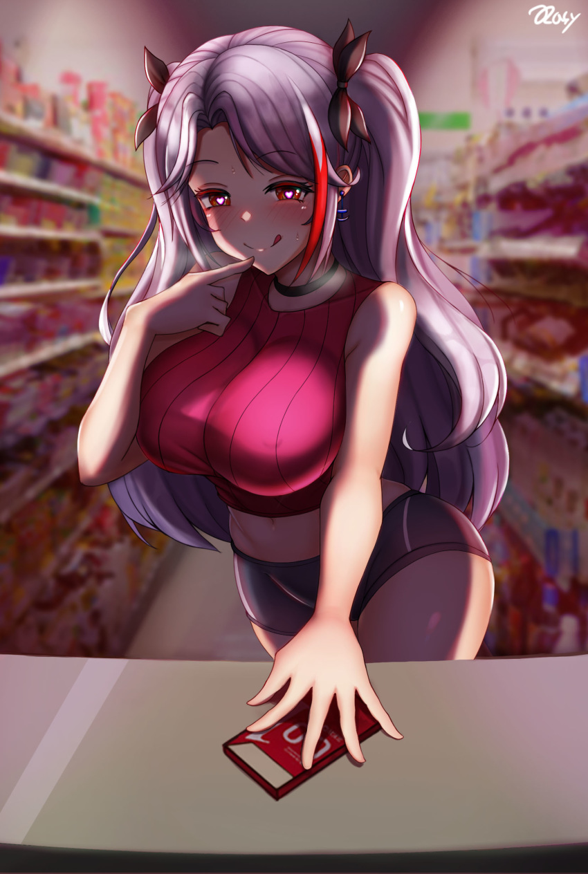 1girl absurdres azur_lane blush breasts crop_top eyebrows_visible_through_hair grey_shorts hair_between_eyes heart heart-shaped_pupils heart_in_eye highres large_breasts long_hair looking_at_viewer multicolored_hair navel prinz_eugen_(azur_lane) red_shirt redhead shirt shop short_shorts shorts silver_hair sleeveless sleeveless_shirt smile solo streaked_hair symbol-shaped_pupils symbol_in_eye thighs tongue tongue_out two_side_up urarasy very_long_hair