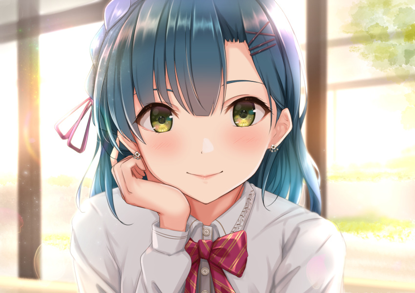 1girl aqua_hair blush bow bowtie chin_rest closed_mouth earrings green_eyes hair_between_eyes hair_ornament hair_ribbon hairclip highres idolmaster idolmaster_million_live! idolmaster_million_live!_theater_days jewelry lens_flare long_hair looking_at_viewer nanao_yuriko ribbon shirt smile solo sunlight white_shirt x_hair_ornament yuzuyu_(hyui)