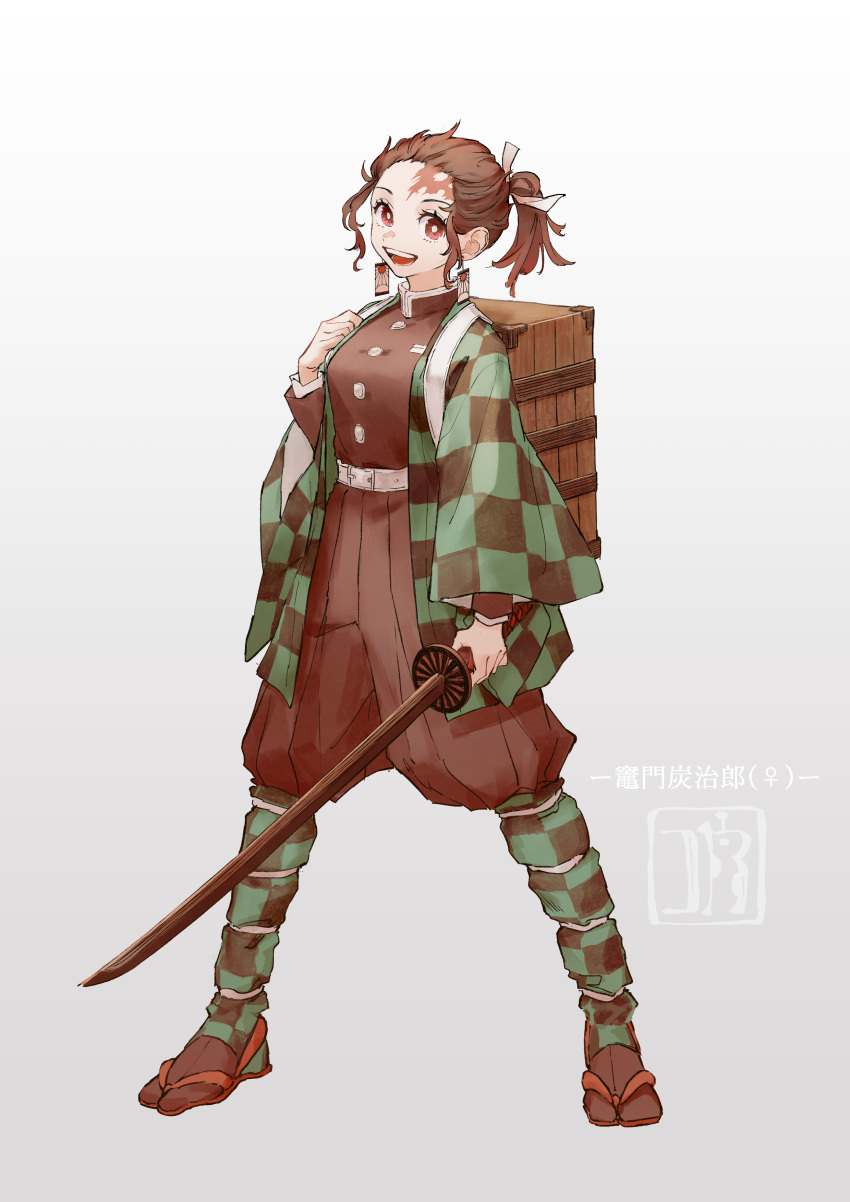 1girl absurdres belt black_pants black_shirt checkered checkered_haori checkered_jacket eyelashes forehead_scar genderswap genderswap_(mtf) hanafuda haori highres holding holding_sword holding_weapon japanese_clothes jewelry kamado_tanjirou katana kimetsu_no_yaiba kokorin looking_at_viewer pants shirt solo sword weapon