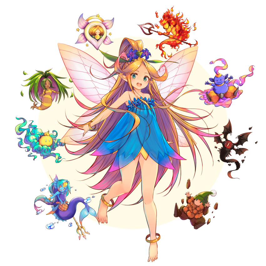 .sin 1girl anklet bangle bare_shoulders barefoot blonde_hair blue_dress blue_flower bracelet dress dryad_(seiken_densetsu) faerie_(seiken_densetsu_3) fairy_wings flower full_body gnome_(seiken_densetsu) green_eyes hair_flower hair_ornament high_ponytail highres jewelry jinn_(seiken_densetsu) long_hair looking_at_viewer luna_(seiken_densetsu) open_mouth pointy_ears salamander_(seiken_densetsu) seiken_densetsu seiken_densetsu_3 shade_(seiken_densetsu) simple_background smile strapless strapless_dress undine_(seiken_densetsu) very_long_hair white_background will-o'-wisp_(seiken_densetsu) wings