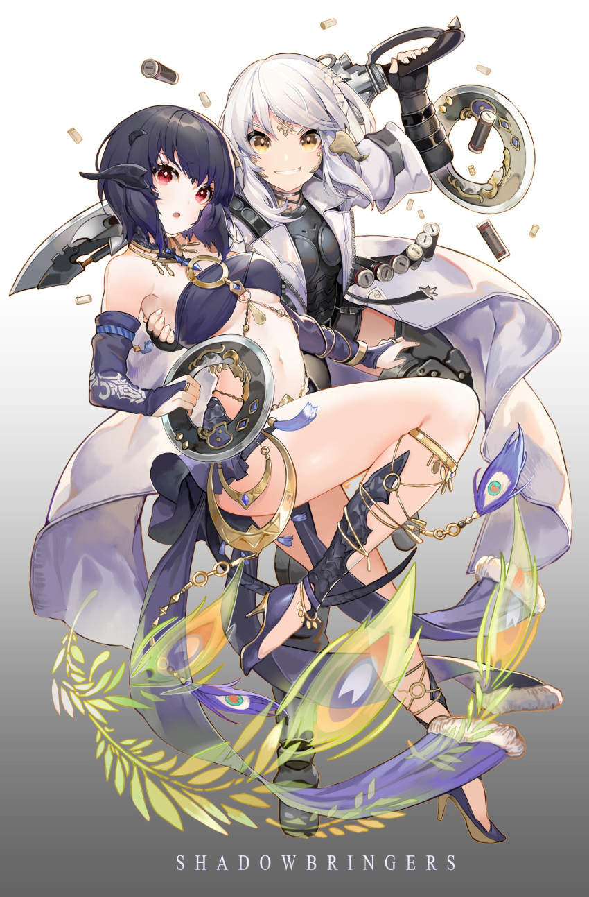 2girls absurdres akizone arm_around_waist armor au_ra bare_shoulders black_gloves black_hair breasts cloak commentary dancer_(final_fantasy) eyebrows_visible_through_hair final_fantasy final_fantasy_xiv fingerless_gloves full_body gloves grin gun gunblade gunbreaker_(final_fantasy) highres holding holding_gun holding_sword holding_weapon horns long_hair looking_at_viewer medium_breasts multiple_girls navel red_eyes revealing_clothes short_hair simple_background smile sword weapon white_background white_cloak white_hair yellow_eyes