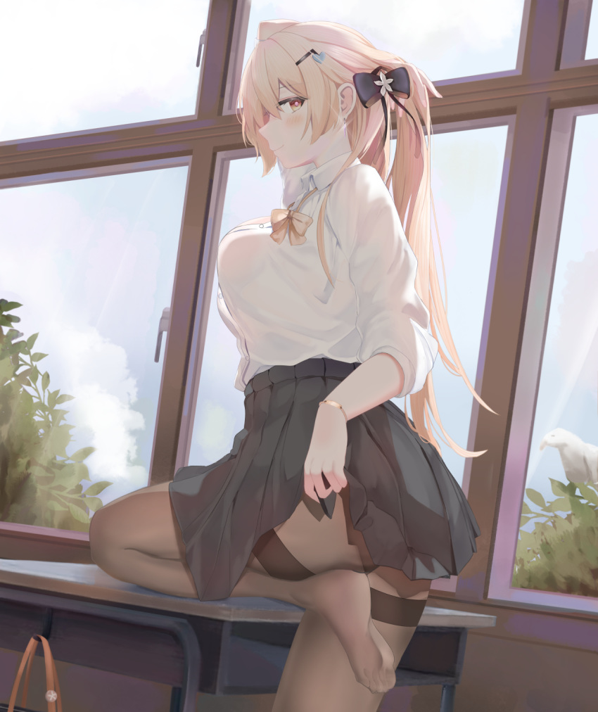 1girl black_legwear black_skirt blonde_hair bow bracelet breasts brown_eyes classroom earrings girls_frontline hair_bow hair_ornament hair_ribbon highres jewelry large_breasts long_hair looking_at_viewer necktie no_shoes ots-14_(girls_frontline) pantyhose ribbon ru_zhai school_uniform shirt simple_background skirt smile soles solo tagme tight white_shirt