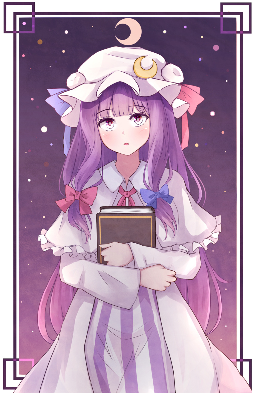 1girl bangs blue_bow book bow commentary crescent crescent_hair_ornament eyebrows_visible_through_hair hair_bow hair_ornament hat hat_ribbon highres holding holding_book long_hair looking_at_viewer mob_cap neck_ribbon parted_lips patchouli_knowledge purple_hair red_bow ribbon shawl solo striped touhou violet_eyes yosshii_(ne_ko_matter)