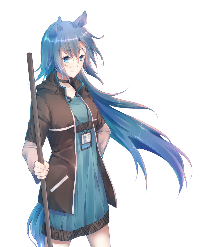 1girl animal_ears arknights bangs black_choker black_jacket blue_dress blue_eyes blue_hair choker commentary_request cowboy_shot dress eyebrows_visible_through_hair fang_(arknights) highres holding horse_ears id_card jacket long_hair long_sleeves looking_at_viewer minuo open_clothes open_jacket short_dress simple_background smile solo standing tail very_long_hair white_background