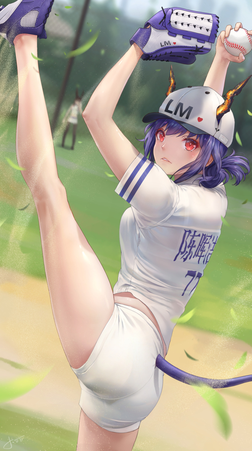 2girls alternate_costume amiya_(arknights) arknights arms_up ass ball bangs bare_legs baseball baseball_cap baseball_mitt baseball_uniform blue_footwear blue_hair blush breasts ch'en_(arknights) chinese_commentary clothes_writing commentary_request cowboy_shot dragon_horns dragon_tail hat heart highres holding holding_ball horns jay_xu leaf leg_up looking_at_viewer midriff_peek multiple_girls outdoors parted_lips red_eyes shirt shoes short_hair short_shorts short_sleeves shorts signature small_breasts sportswear standing standing_on_one_leg tail thighs translation_request white_shirt white_shorts