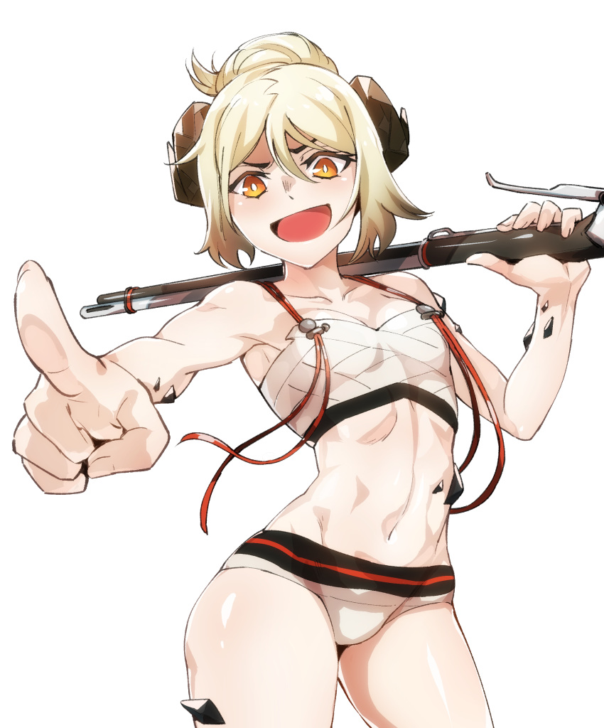 1girl :d absurdres arknights bangs bare_arms bare_shoulders bikini blonde_hair brown_eyes collarbone commentary cowboy_shot groin gun hair_between_eyes hair_bun highres holding holding_gun holding_weapon horns ifrit_(arknights) looking_at_viewer moto_toshi navel open_mouth ore_lesion_(arknights) over_shoulder pointing pointing_at_viewer rifle short_hair simple_background smile solo standing stomach swimsuit thighs weapon weapon_over_shoulder white_background white_bikini