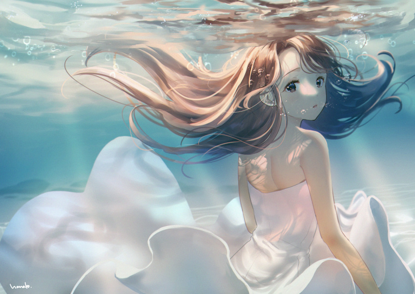 1girl :o air_bubble brown_eyes brown_hair bubble commentary_request dress from_behind hanako151 highres looking_at_viewer looking_back original parted_lips signature solo strapless strapless_dress underwater upper_body water white_dress