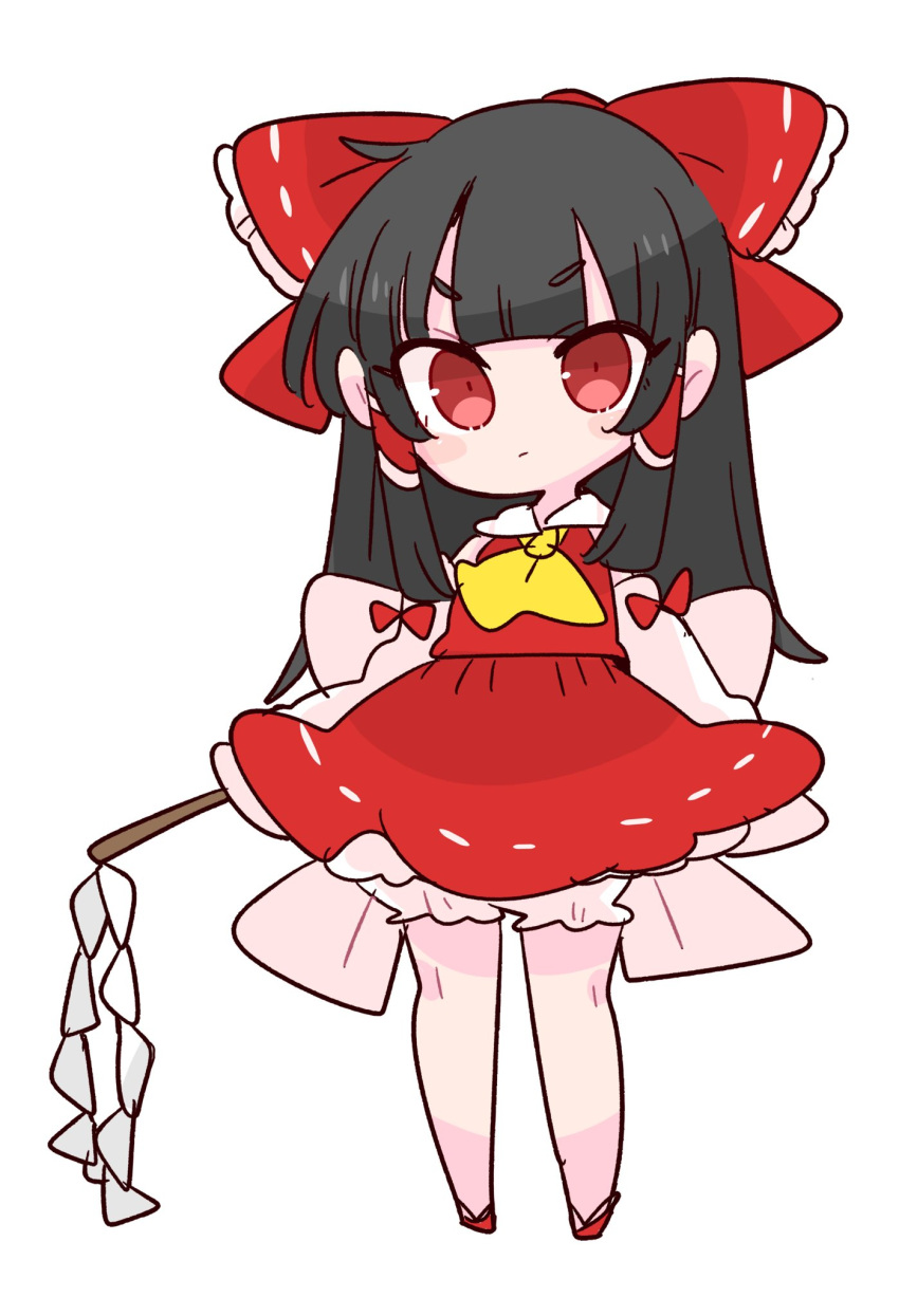 1girl ascot black_hair bloomers bow detached_sleeves frilled_bow frills full_body gohei hair_bow hair_tubes hakurei_reimu highres japanese_clothes long_hair miko nontraditional_miko op_na_yarou red_bow red_eyes red_footwear ribbon-trimmed_sleeves ribbon_trim sash sidelocks simple_background skirt skirt_set touhou underwear white_background wide_sleeves yellow_neckwear