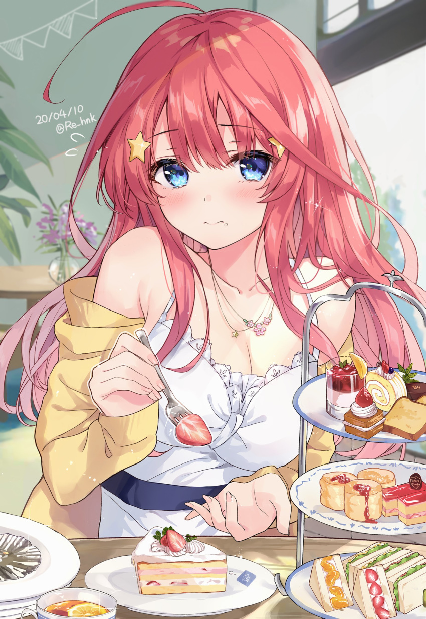 1girl absurdres ahoge bare_shoulders blue_eyes cake closed_mouth commentary_request dress food fork go-toubun_no_hanayome hair_ornament highres holding jacket long_hair looking_at_viewer nakano_itsuki off_shoulder open_clothes open_jacket plate redhead sakura_honoka_(srhk0623) sleeveless sleeveless_dress slice_of_cake solo spaghetti_strap star star_hair_ornament tiered_tray white_dress yellow_jacket