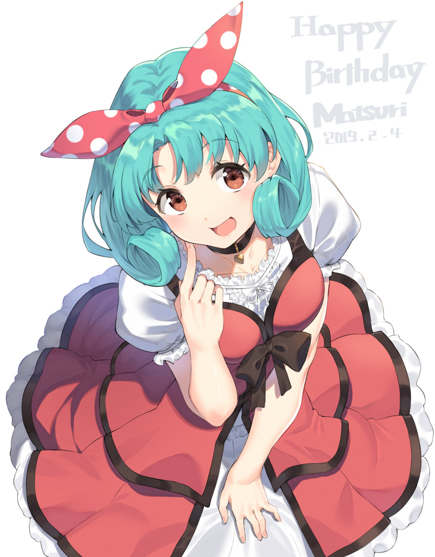 1girl absurdres aqua_hair blush breasts character_name choker collarbone curly_hair dated dress eyebrows_visible_through_hair hairband happy_birthday heart heart_choker highres idolmaster idolmaster_million_live! index_finger_raised joker_(tomakin524) large_breasts looking_at_viewer open_mouth pointing pointing_at_self red_dress short_hair smile solo tokugawa_matsuri