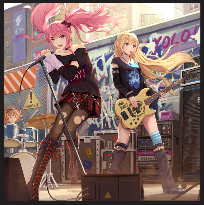 3girls amplifier bang_dream! bangs bare_shoulders black_border black_legwear black_shirt blonde_hair boots border bow box brown_hair building cable chain chain-link_fence choker cross cross-laced_footwear cross_necklace day detached_sleeves drum drum_set drumsticks earrings electric_guitar english_commentary eyebrows_visible_through_hair fence glasses green_eyes guitar hair_bow hair_ribbon headband highres holding holding_microphone instrument jewelry lace-up_boots long_hair maruyama_aya microphone microphone_stand miniskirt multiple_girls music necklace off-shoulder_shirt off_shoulder open_mouth outdoors pantyhose pastel_palettes pink_eyes pink_hair plaid plaid_skirt ribbon shirasagi_chisato shirt sidelocks sign singing skirt speaker stage standing torn_clothes torn_legwear twintails violet_eyes warning_sign yamato_maya yuzuriha