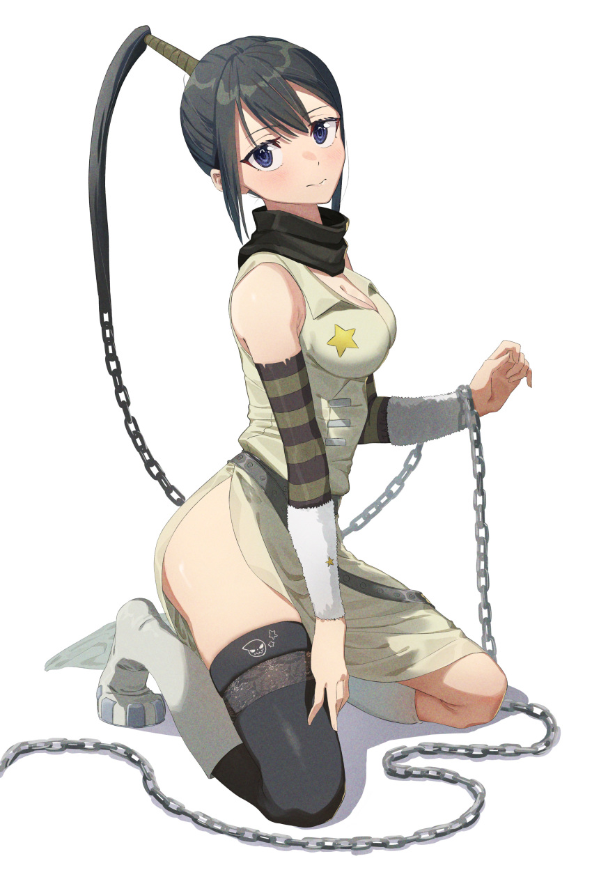 1girl absurdres bangs belt black_belt black_hair black_legwear black_scarf blue_eyes blush boots breasts chain closed_mouth commentary detached_sleeves dress frown full_body highres kneeling long_hair looking_at_viewer medium_breasts nakatsukasa_tsubaki ponytail scarf shadow side_slit simple_background sleeveless sleeveless_dress solo soul_eater star taiga_(ryukyu-6102-8) thigh-highs white_background white_dress white_footwear