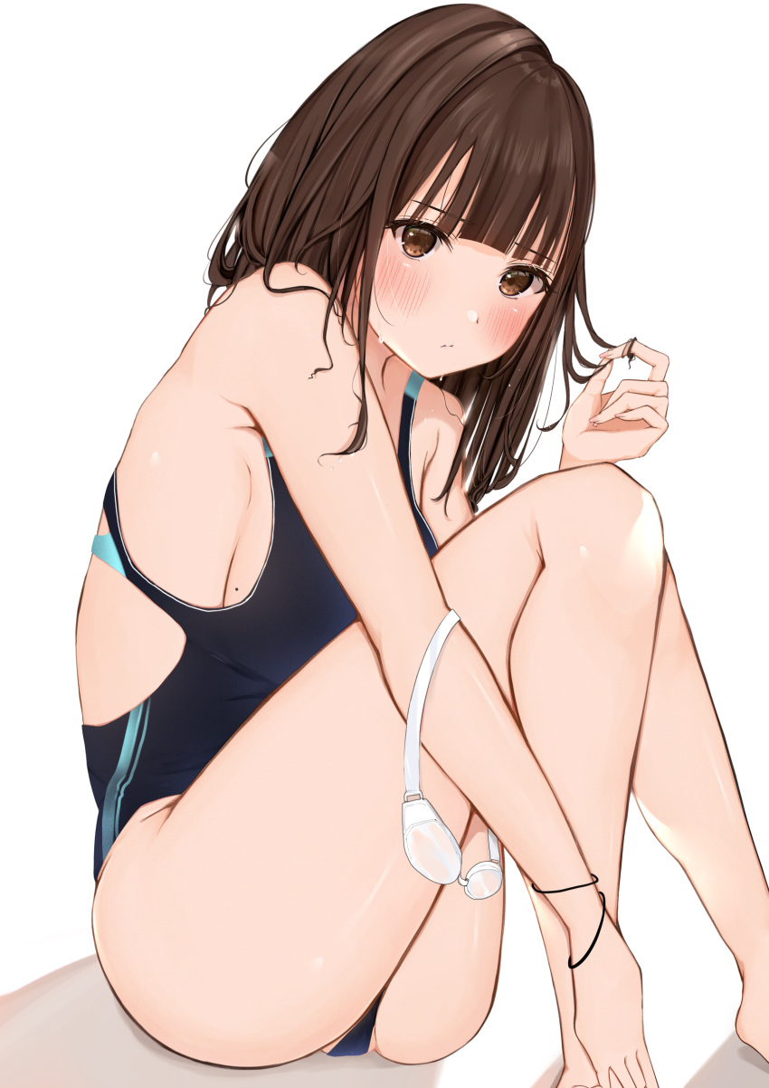 1girl absurdres black_swimsuit blush bracelet brown_eyes brown_hair commentary_request competition_swimsuit goggles goggles_removed highres jewelry long_hair looking_at_viewer one-piece_swimsuit original simple_background sitting solo swimsuit uiri-na white_background