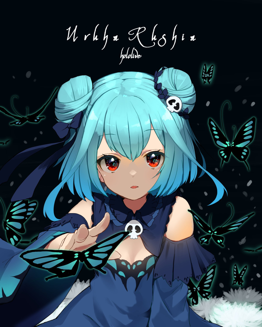 1girl absurdres aqua_hair black_background bug butterfly character_name copyright_name detached_sleeves double_bun dress flower frilled_dress frills hair_ornament hair_ribbon highres hololive insect nejime open_mouth red_eyes ribbon skull_hair_ornament solo uruha_rushia virtual_youtuber