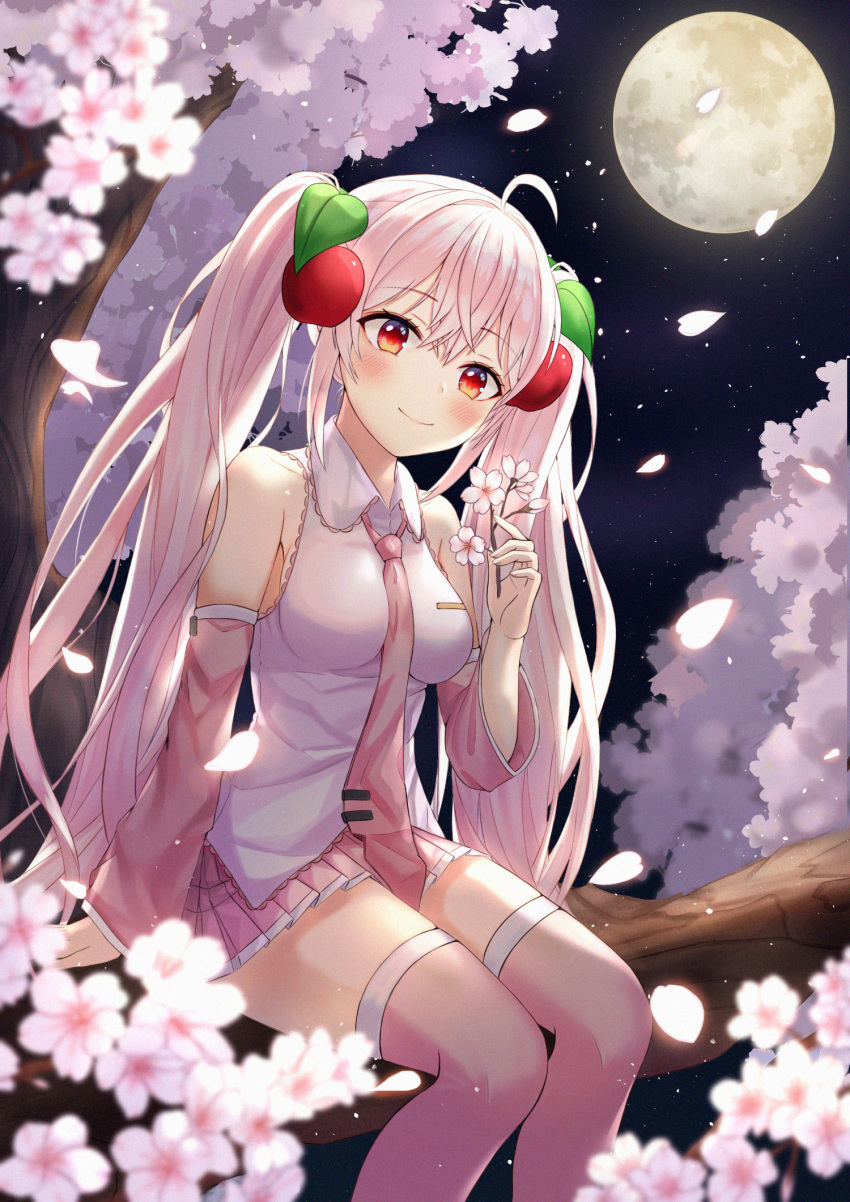 1girl ahoge arm_support between_breasts blurry blurry_foreground blush breasts cherry_hair_ornament closed_mouth collared_shirt commentary depth_of_field detached_sleeves feet_out_of_frame flower food_themed_hair_ornament full_moon funii hair_ornament hatsune_miku highres holding holding_flower in_tree long_hair long_sleeves medium_breasts moon necktie necktie_between_breasts night night_sky outdoors petals pink_flower pink_hair pink_legwear pink_neckwear pink_skirt pink_sleeves pleated_skirt red_eyes sakura_miku shirt sitting skirt sky sleeveless sleeveless_shirt smile solo star_(sky) starry_sky thigh-highs tie_clip tree twintails very_long_hair vocaloid white_shirt wide_sleeves