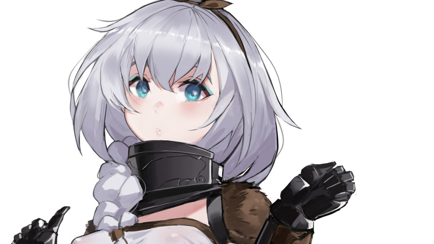1girl black_gloves blue_eyes bow braid brown_bow brown_hairband gloves gorget grey_hair hair_bow hair_over_shoulder hairband highres looking_at_viewer onean_(pandea_work) pandea_work parted_lips simple_background solo the_elder_scrolls the_elder_scrolls_v:_skyrim upper_body white_background