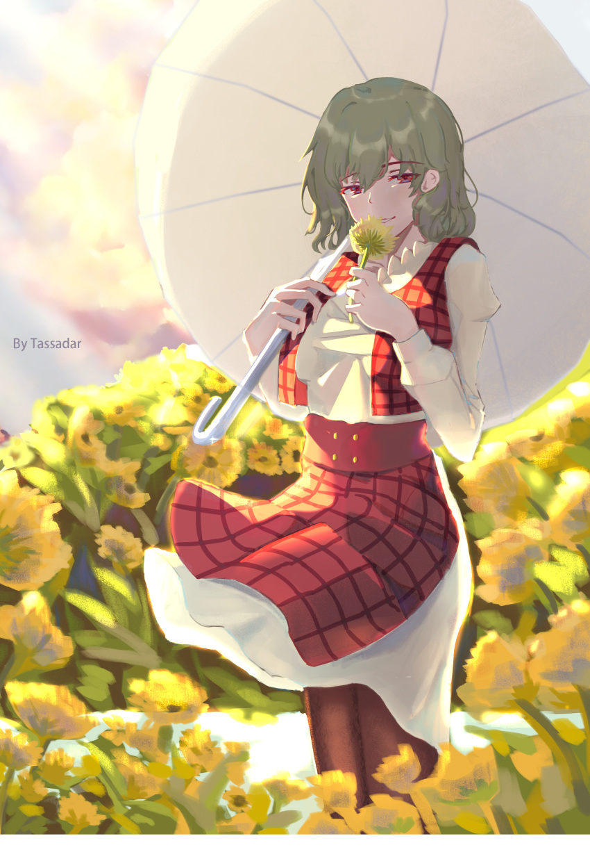 1girl absurdres adapted_costume artist_name backlighting blush brown_legwear clouds colored_eyelashes cowboy_shot day dress eyebrows_visible_through_hair eyes_visible_through_hair field flower flower_field flower_to_mouth green_hair highres holding holding_flower holding_umbrella kazami_yuuka light_rays long_sleeves looking_at_viewer open_clothes open_vest parasol plaid plaid_skirt plaid_vest red_eyes red_pupils red_skirt red_vest reflective_eyes shiny shiny_hair side_slit sidelocks skirt skirt_lift smile solo sunbeam sunlight tadie_(innovation1998) touhou umbrella vest wavy_hair white_dress wind