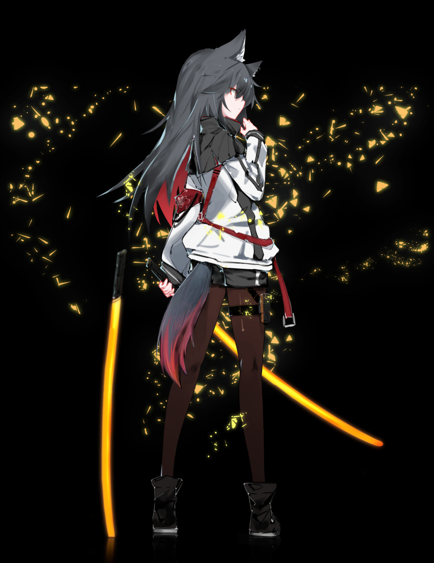 1girl absurdres ankle_boots arknights bangs black_background black_footwear black_hair black_shorts blush boots brown_eyes brown_legwear closed_mouth energy_sword errorer1980 eyebrows_visible_through_hair from_behind full_body glowing highres holding holding_sword holding_weapon jacket long_hair long_sleeves looking_afar looking_away multicolored_hair pantyhose planted_sword planted_weapon profile redhead short_shorts shorts simple_background solo standing sword tail texas_(arknights) thigh_pouch thigh_strap two-tone_hair weapon white_jacket