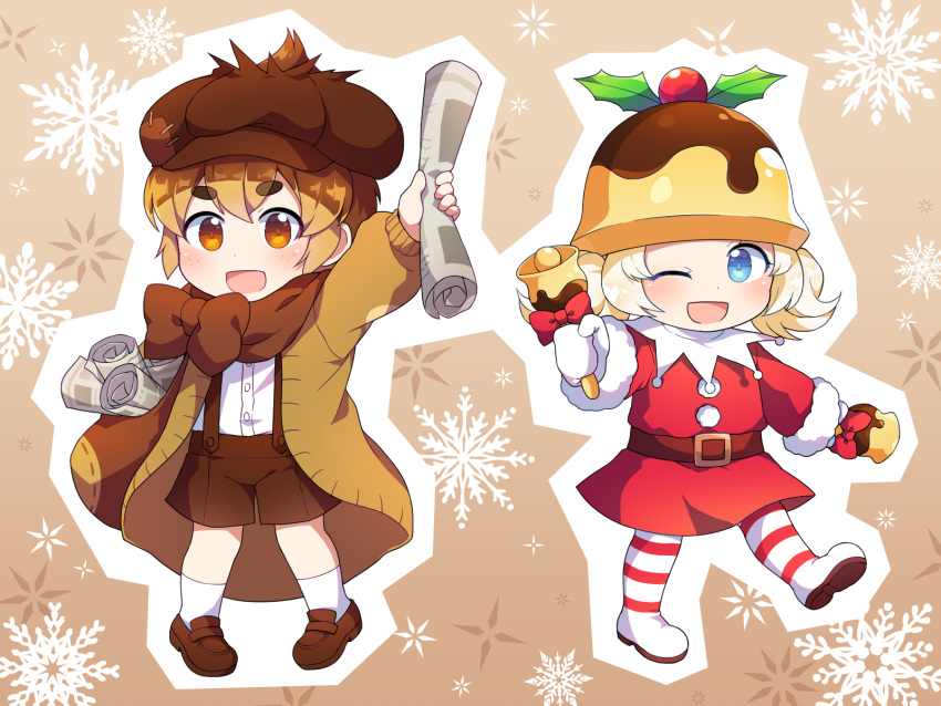 2girls :d ;d bell belt belt_buckle blonde_hair blue_eyes blush boots bow brown_background brown_belt brown_bow brown_eyes brown_footwear brown_hair brown_headwear brown_jacket brown_shorts buckle cabbie_hat caramell0501 character_request cookie_run dress dress_shirt fur-trimmed_sleeves fur_trim hat highres holding jacket loafers looking_at_viewer mittens multiple_girls newspaper one_eye_closed open_clothes open_jacket open_mouth outline outstretched_arm patches red_dress shirt shoes short_eyebrows shorts simple_background smile snowflake_background socks striped striped_footwear striped_legwear suspender_shorts suspenders thick_eyebrows thigh-highs thigh_boots white_legwear white_mittens white_outline white_shirt