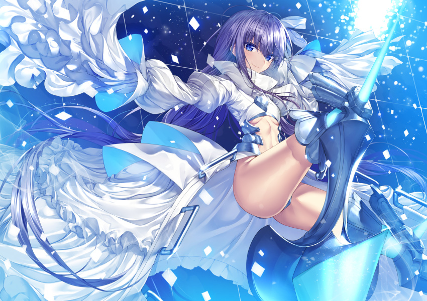 1girl armored_boots bangs blue_background blue_eyes blush boots breasts closed_mouth coat crotch_plate fate/extra fate/extra_ccc fate/grand_order fate_(series) hair_ribbon heirou high_collar long_hair long_sleeves looking_at_viewer meltryllis navel prosthesis prosthetic_leg purple_hair ribbon sleeves_past_fingers sleeves_past_wrists small_breasts smile solo thighs under_boob white_coat white_ribbon